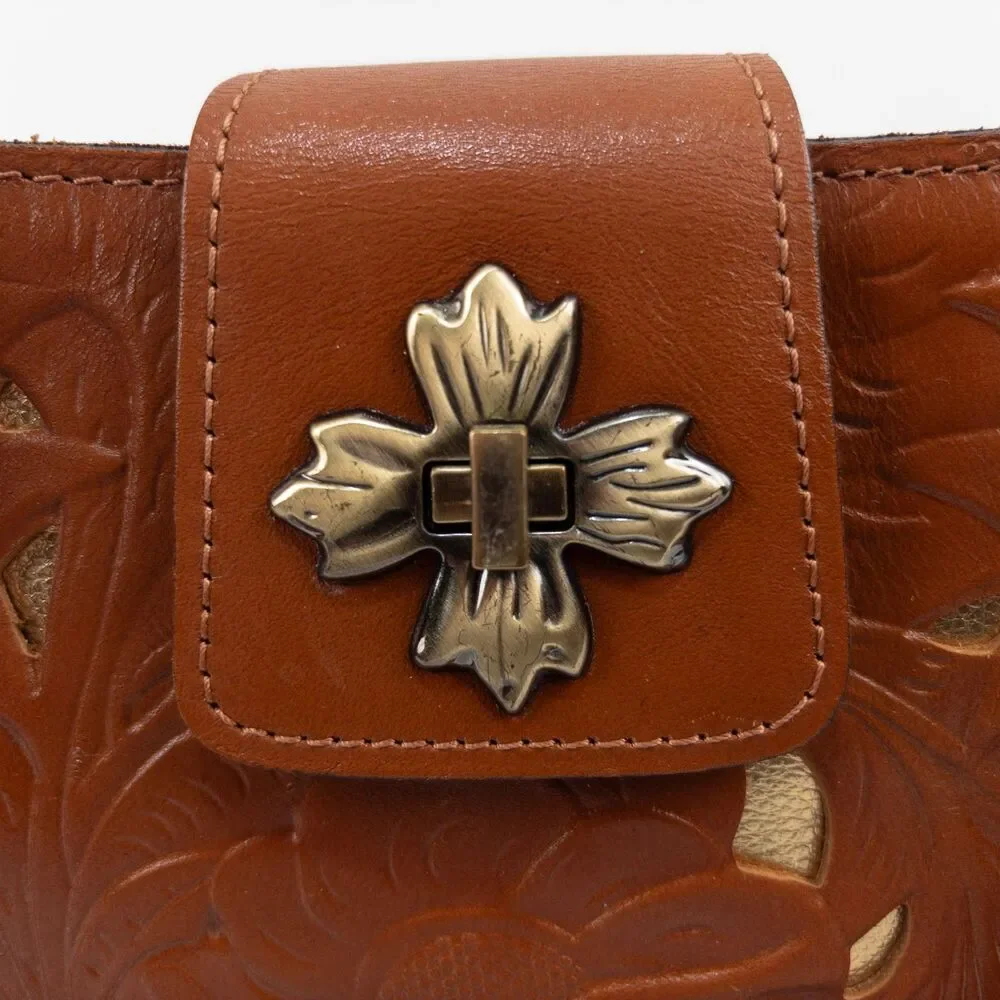 Patricia Nash Embossed Leather Satchel in Cognac Brown with Gold Accents